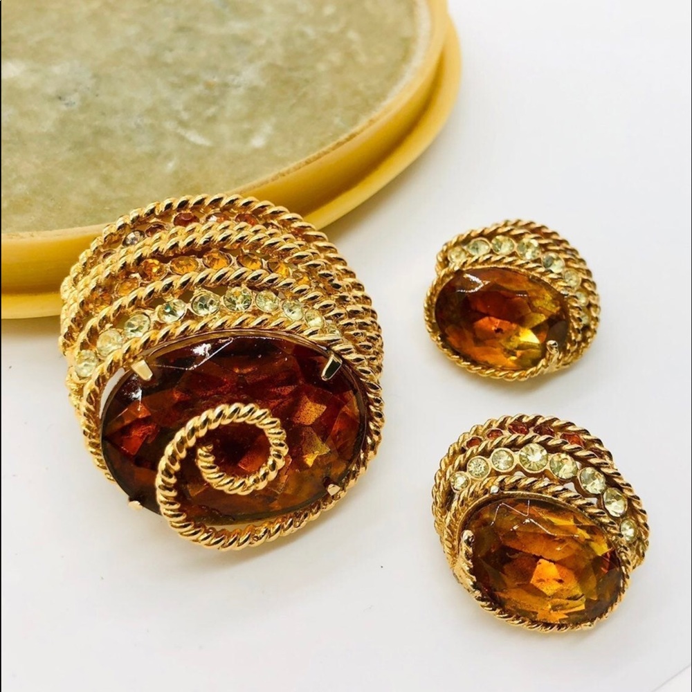 Vintage Corocraft Rhinestone Brooch & Earrings Demi Set